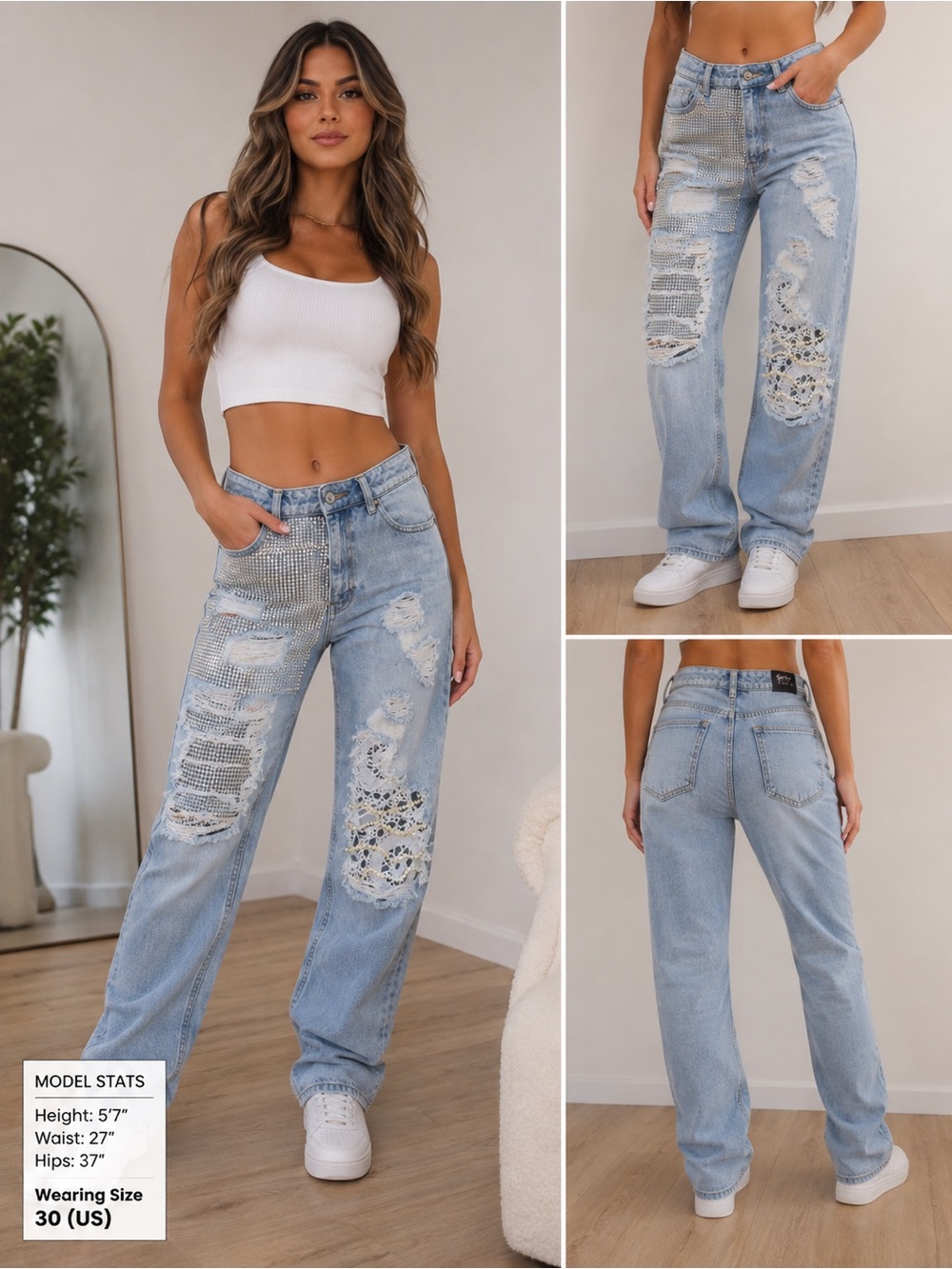 Light Blue Embellished Distressed Women's Jeans